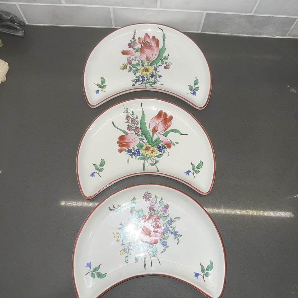 Luneville France K&G Pottery Old Strasbourg Rose 3 Crescent Moon Salad Plates